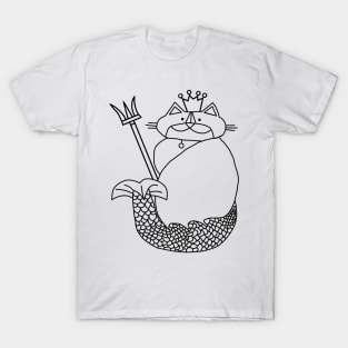 Kevin the Cat Mermaid King Black Line Drawing T-Shirt